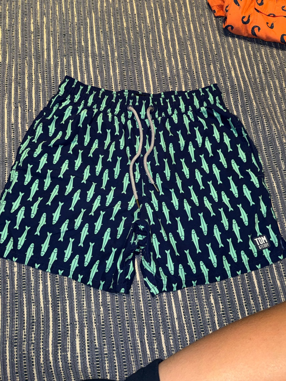 Tom & Teddy Navy Swim Shorts with Mint Fish Print without liner 5 inch